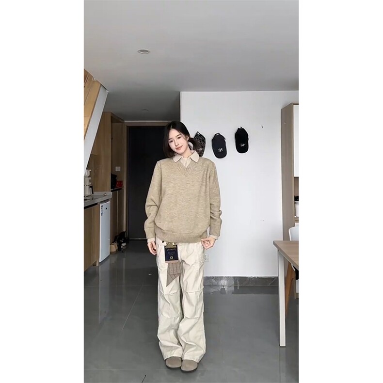 重磅北极绒假两件衬衫领毛衣美式高街复古休闲慵懒纯色翻领针织衫,男装针织衫/毛衣,电商A486