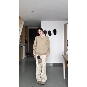 重磅北极绒假两件衬衫领毛衣美式高街复古休闲慵懒纯色翻领针织衫
