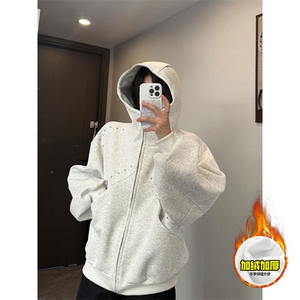 480G重磅加绒硬挺boxy 男女秋冬美式高街卫衣铆钉拼接开衫厚外套图片