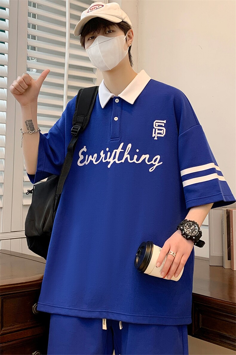 夏季港风青少年短袖短裤两件套男潮情侣半袖T恤运动套装6620-P60,男装Polo衫,电商A441-1