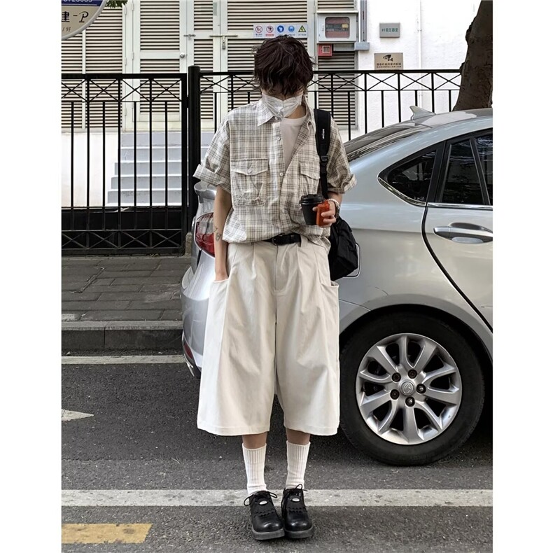 日系复古白色七分裤潮牌街头夏季宽松马裤男女休闲设计感工装短裤,男装牛仔裤,星座506A