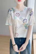 短袖t恤女夏季简约圆领宽松简约百搭花色打底女上衣，女装针织衫/毛衣，绒宛羊绒