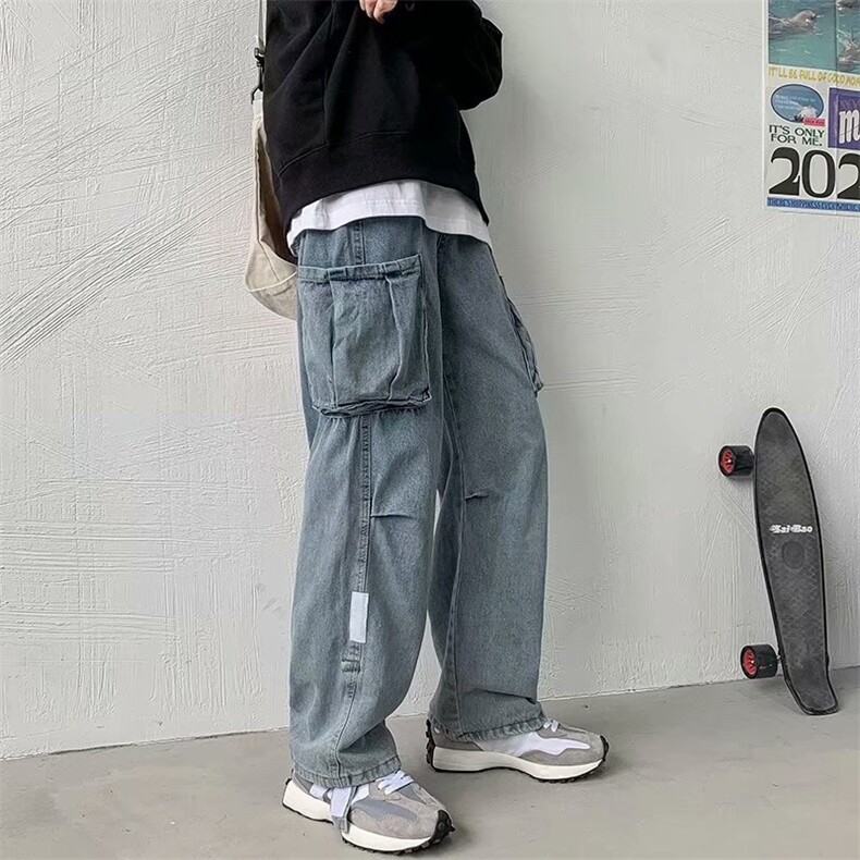 秋季工装牛仔长裤男潮牌宽松直筒裤子休闲坠感阔腿拖地裤NT14-P45图片