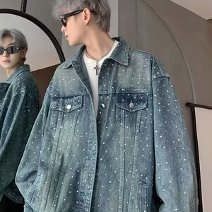 春季款重工原版高品质满天星牛仔夹克外套图片
