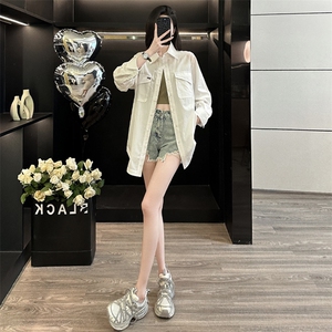 韩版时尚女装春季休闲运动百搭单排扣宽松显瘦纯色中长款翻领衬衣图片