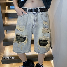 抖音品质高街破洞迷彩短裤水洗泥巴黄牛仔裤B315-K23244-p60控78，男装牛仔裤，电商B315