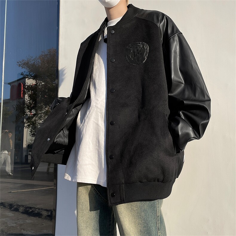 ~美拉德复古新款PU皮拼接外穿夹克男港风百搭棒球服-JK228图片