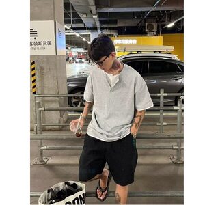 大码男装假两件亨利领设计感短袖T恤纯色日常正肩体恤衫潮牌图片