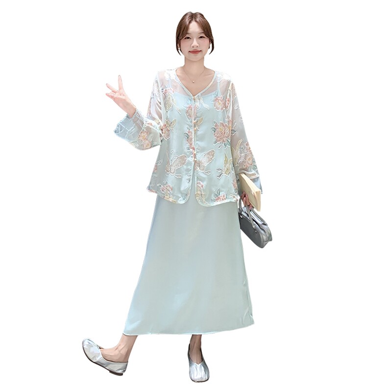 新中式国风优雅套装女2025夏季新款复古绣花长袖防晒吊带裙两件套,女装套装/套裙,浙宝192（原082）