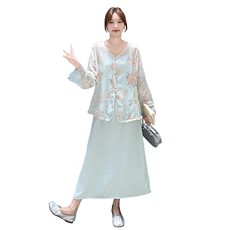 新中式国风优雅套装女2025夏季新款复古绣花长袖防晒吊带裙两件套，女装套装/套裙，浙宝192（原082）