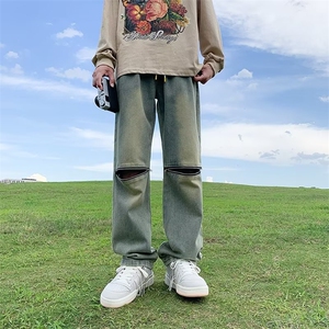 秋季美式高街复古做旧膝盖拉链牛仔裤男女炸街直筒长裤N0880-P43图片