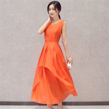 2024年夏季短袖中长款A型套头高腰圆领通勤欧根纱连衣裙韩版街头，女装连衣裙，火爆靓佳人