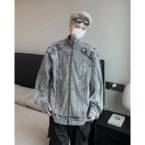 美式做旧重工牛仔外套男款潮流设计感小众街头机车夹克W6417-P74图片