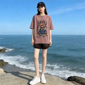 欧货休闲时尚运动套装女夏新款圆领短袖小熊上衣宽松短裤两件套潮图片