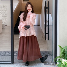 时尚气质蕾丝拼接长袖衬衫套装女2025秋新款高腰显瘦半身裙两件套，女装套装/套裙，2C158