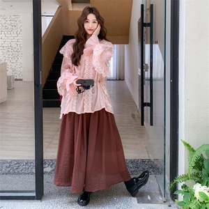 时尚气质蕾丝拼接长袖衬衫套装女2025秋新款高腰显瘦半身裙两件套图片