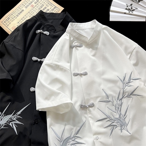 特批P33无差价夏季新中式复古冰丝垂感竹子刺绣短袖衬衣男CD2286图片