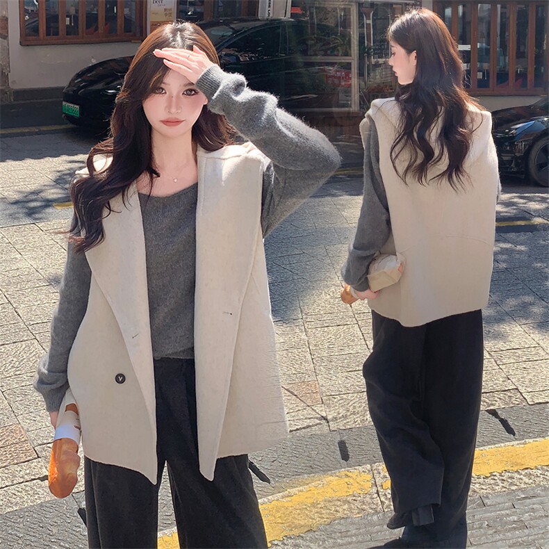 现货主推新款双面羊毛呢连帽百搭宽松休闲羊毛马甲女外套,女装双面呢大衣,丝露依尚（原SL）