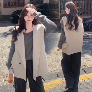 现货主推新款双面羊毛呢连帽百搭宽松休闲羊毛马甲女外套图片