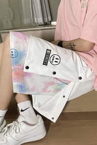 夏季新款港风大码宽松笑脸刺绣假两件排扣五分裤M-5XL-DK888-P45图片