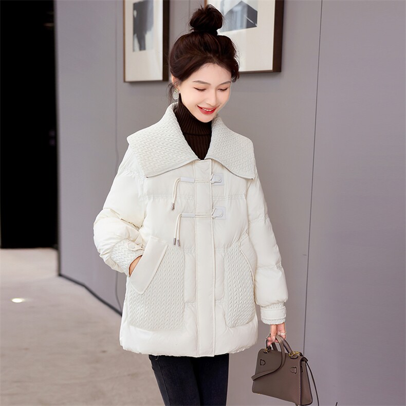 时尚编织海军娃娃领女冬季2024新款宽松休闲90白鸭绒羽绒服外套,女装羽绒服,卡杰菲