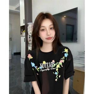 H0924-P38原版刺绣内里加贴布不刺身夏季百搭宽松短袖T恤男女同款图片