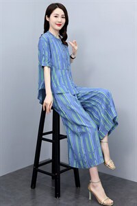 时髦洋气天丝牛仔套装女2025年夏装韩版条纹气质坠感阔腿裤两件套图片