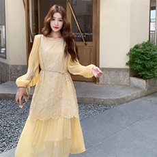 温柔风甜美假两件黄色连衣裙女春秋2025新款法式优雅超火绝美裙子，女装连衣裙，2C158
