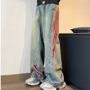 美式高街红色条纹牛仔裤男女2025春秋新款高腰显瘦潮牌阔腿长裤图片