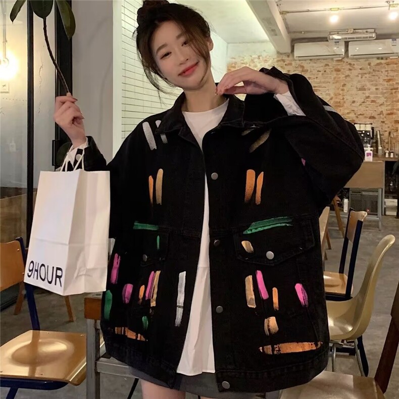 887-P52彩色涂鸦牛仔外套女春秋新款大码胖MM设计感小众,男装工装外套,电商B323A