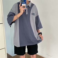 polo衫男短袖拼接字母港风夏季新款2021上衣宽松痞子帅气W766-P25，男装Polo衫，星座412-2