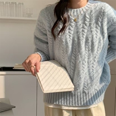 奶蓝色麦穗套头毛衣女2025秋季新款韩版宽松麻花温柔针织上衣加厚，女装针织衫/毛衣，萱芳婷羊绒
