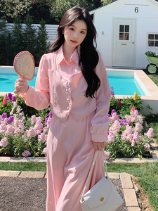 粉色马甲拼接假两件连衣裙女2025春季新款法式温柔风小个子衬衫裙图片