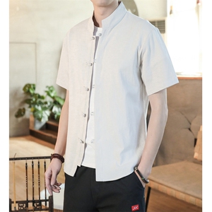 新中式风盘扣短袖衬衫男唐装古装棉麻中山装A056-C140P33图片