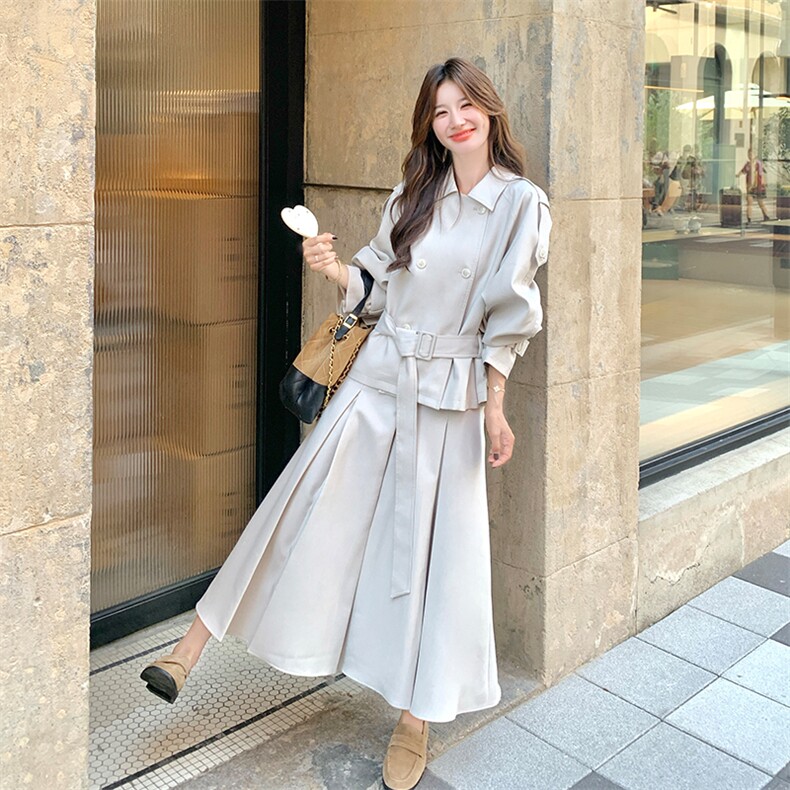 双排扣风衣外套半身裙套装女春秋2025新款轻熟风大方得体两件套,女装风衣,2C123