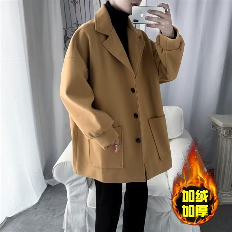秋冬季中长款毛呢外套男纯色加绒加厚百搭帅气外穿西装大衣潮M228，男装毛呢大衣，星座506