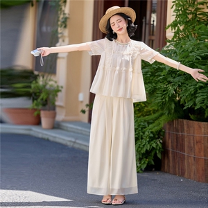 超仙时尚雪纺套装女2026夏新款半透减龄无袖木耳边阔腿裙裤两件套图片