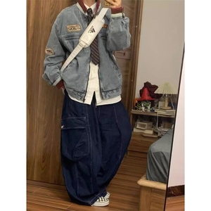 美式复古撞色拼接立领牛仔夹克贴标拉链开衫外套 JK8945 特P80图片