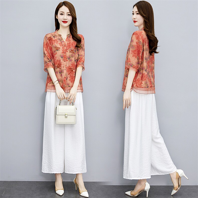 天丝气质套装女2025年夏季遮肚显瘦休闲减龄洋气妈妈装阔腿两件套，女装套装/套裙，魅影