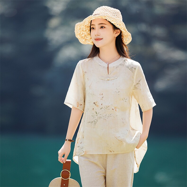 2026年夏季文艺风短袖宽松苎麻,女装衬衫,江南依恋
