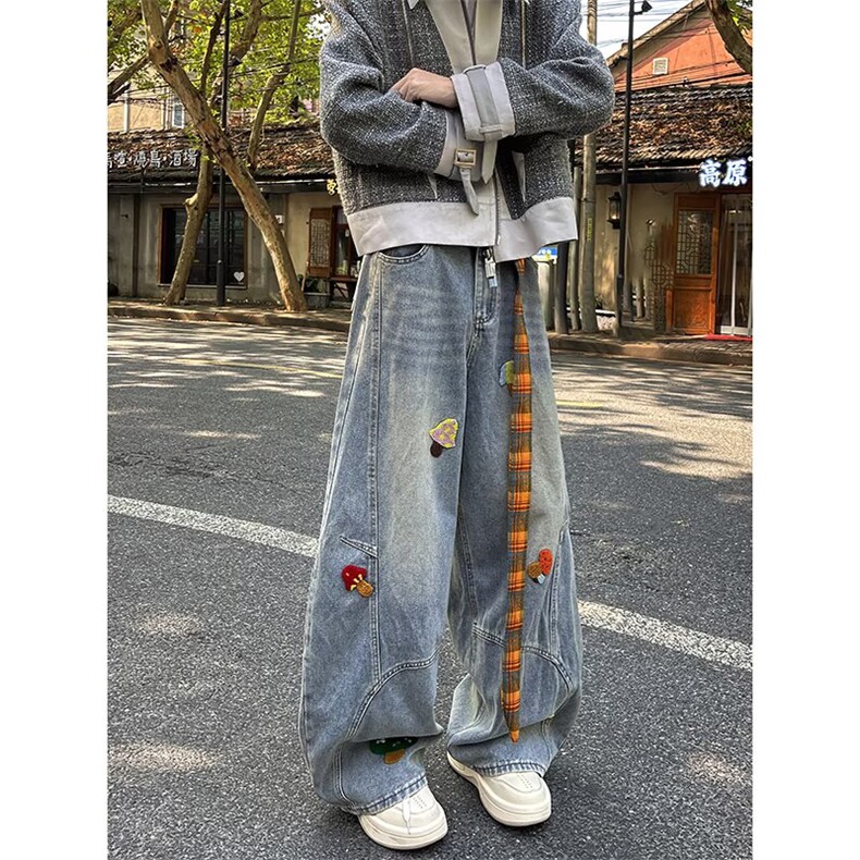 美式高街牛仔裤男女韩版潮流刺绣帅气2025秋冬ins长裤RK3212-P57，男装牛仔裤，星座412-3