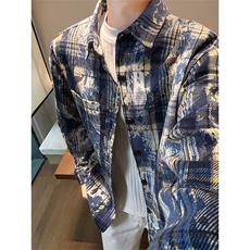 复古扎染衬衫青少年痞帅格子高级设计感长袖外套V3072-TP28不，男装衬衫，电商A102
