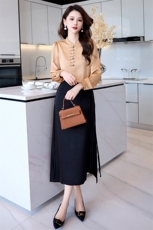 连衣裙包臀裙复古闺舍衬衫女宽松显瘦拼接长袖上衣小个子两件套，女装套装/套裙，时尚俏佳人