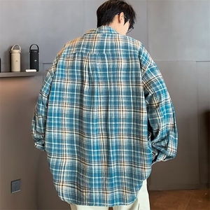 韩系复古格子衬衫男士春秋季新款青少年痞帅宽松大码长袖外套图片