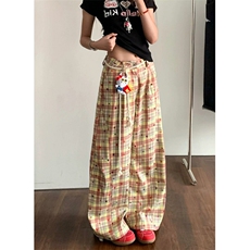 撞色格子弯刀休闲裤女夏季宽松阔腿裤高腰垂感拖地裤KXQ1275，男装休闲裤，星座1116A（原606A-3）