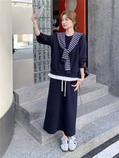主推现货-2025年秋季新款宽松减龄条纹披肩卫衣套装裙女两件套，女装套装/套裙，霓裳依族