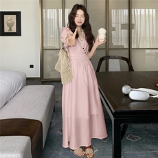 茶歇法式白色V领连衣裙女夏2025高级感温柔气质掐腰连身长裙及踝，女装连衣裙，2C299