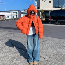 2025新款冬季简约设计感橘色90白鸭绒外套女浪漫休闲风连帽羽绒服，女装羽绒服，2C196