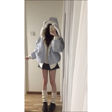 1506A/G36230/P99慵懒风猫耳朵毛领蝴蝶结条纹连帽棉服，男装棉衣，星座1506A