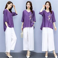 2021夏季新款简约气质圆领宽松休闲舒适时尚图案刺绣棉麻两件套，女装套装/套裙，韩宇舍